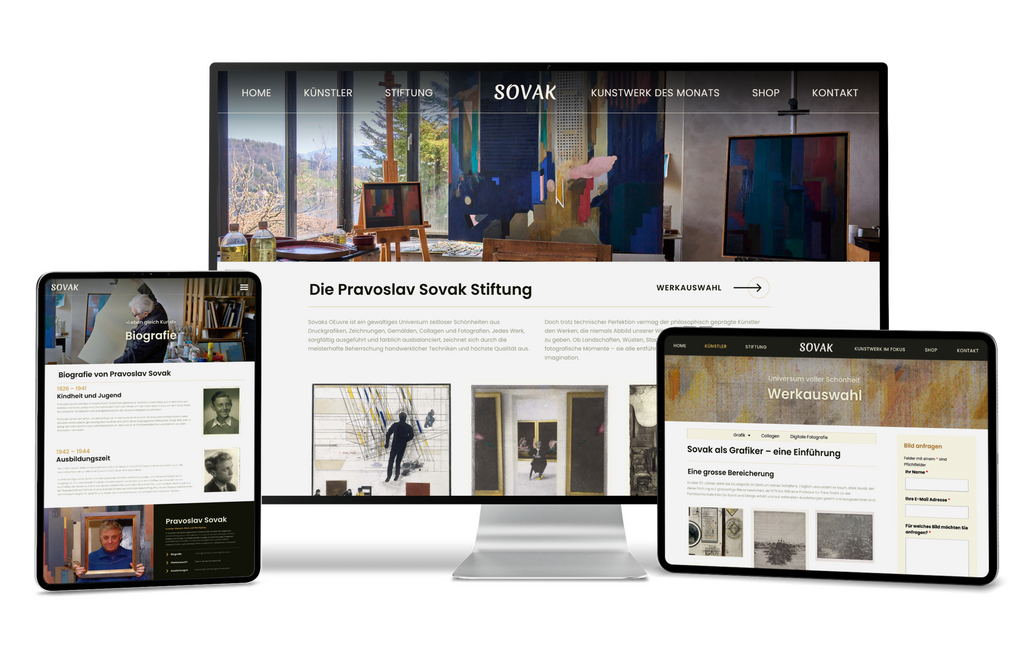 Geräte zeigen die Website der Pravoslav Sovak Foundation mit Kunstwerken, Menüs und Informationen auf Deutsch.