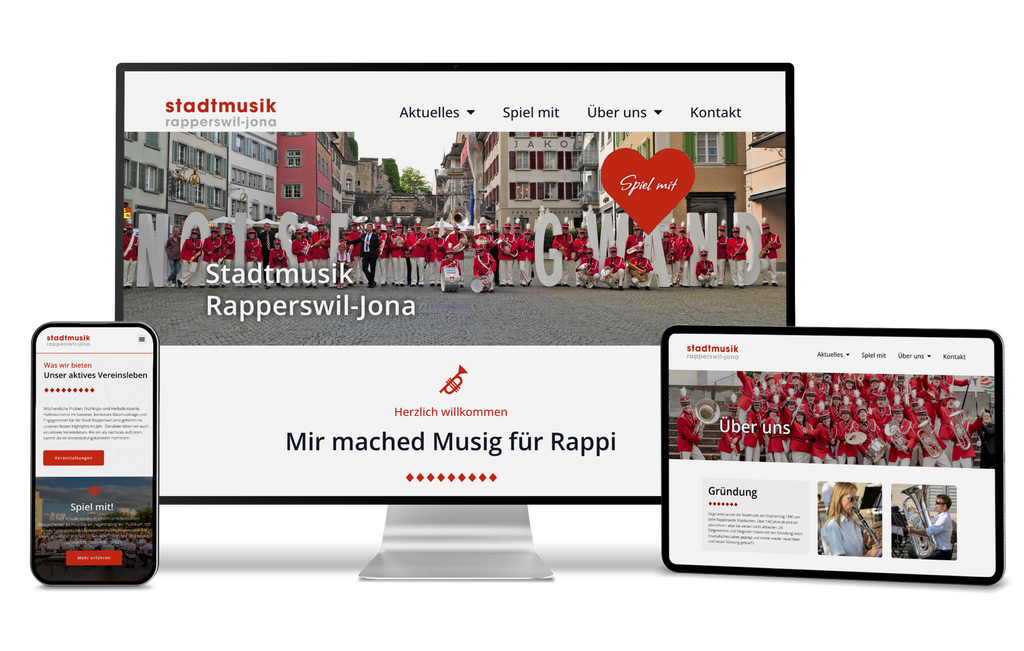 Drei Geräte zeigen den Standort der Stadtmusik Rapperswil-Jona mit einem Spielmannszug in Rot.