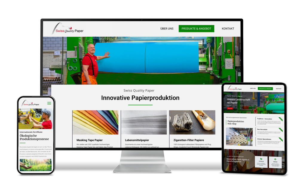 Swiss Quality Paper Website auf Desktop, Tablet und Smartphone mit Papiermustern und Fabrik.