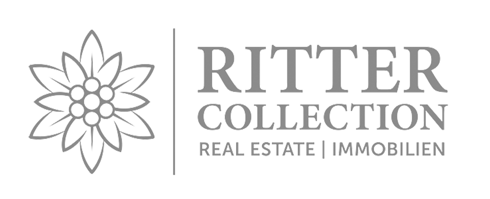 Stilisiertes Blumenlogo links, "Ritter Collection Real Estate | Immobilien" rechts, in Großbuchstaben.