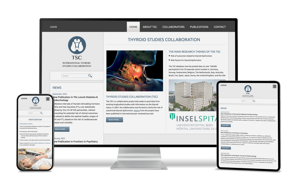 Monitor, Tablet und Smartphones zeigen die responsive Website der TSC mit Forschungsthemen.