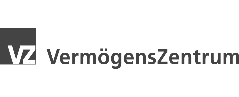 Logo des VermögensZentrums mit dunklem Quadrat, weißem "VZ" und fetter schwarzer Schrift.