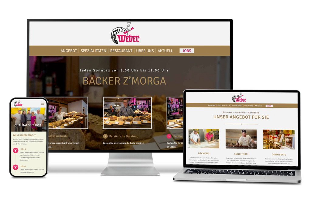 Website der Bäckerei auf Telefon, Monitor und Laptop mit Angeboten, Spezialitäten und Backwaren.
