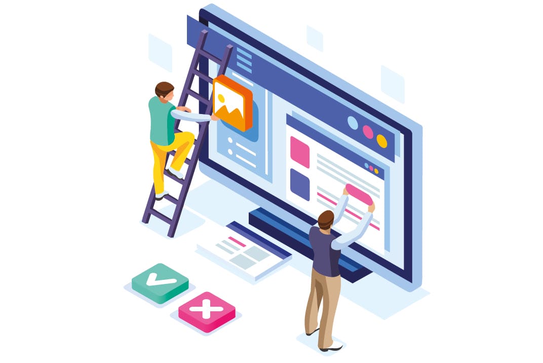 Zwei Personen entwerfen eine Website auf einem Computerbildschirm mit Symbolen und Textblöcken.