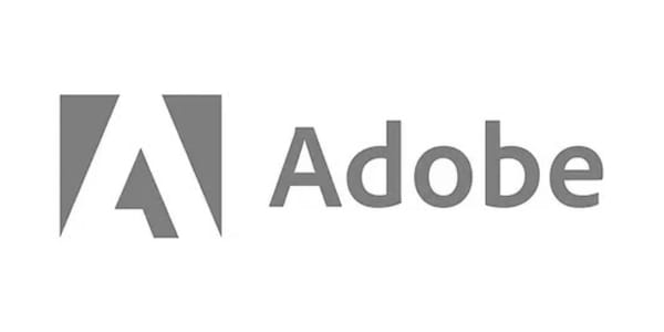 Graues Adobe-Logo mit einem stilisierten "A" in einem Quadrat und "Adobe" in serifenloser Schrift.