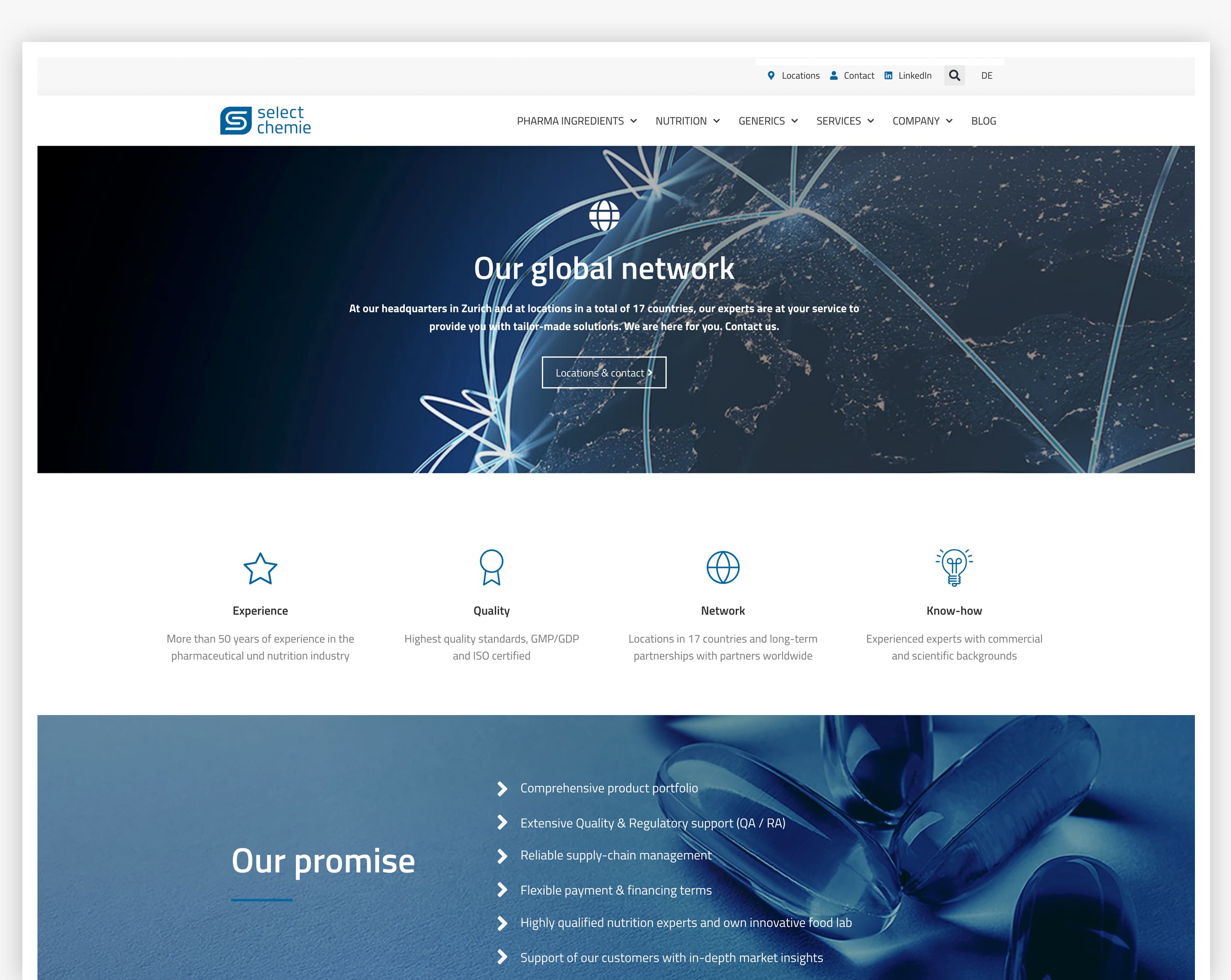 Select Chemie-Website-Banner mit "Unser globales Netzwerk", Weltkarte, Symbolen und Menü.