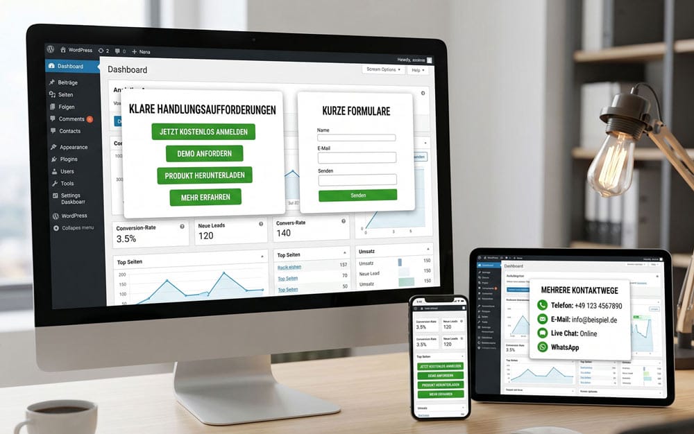 Monitor, Tablet und Smartphone zeigen dasselbe deutsche Dashboard, die Tastatur ist im Vordergrund zu sehen.