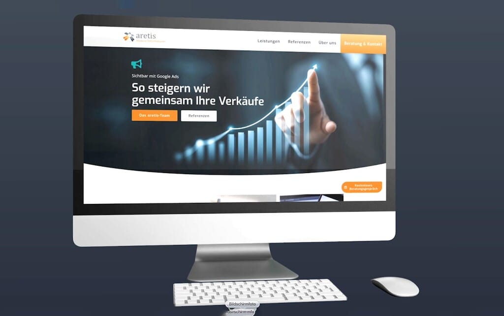 AretiS-Website auf einem Desktop-PC, Banner mit Hand und Aufwärtsdiagramm, Menü oben sichtbar.