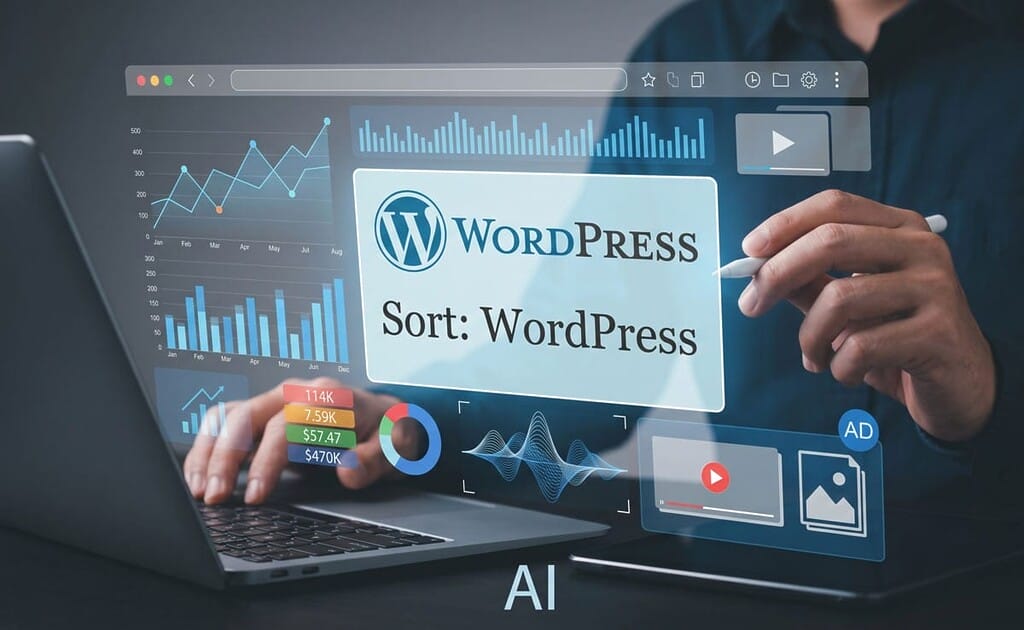 Eine Person nutzt virtuelle Bildschirme mit Diagrammen und WordPress, um KI-Datenanalysen zu veranschaulichen.